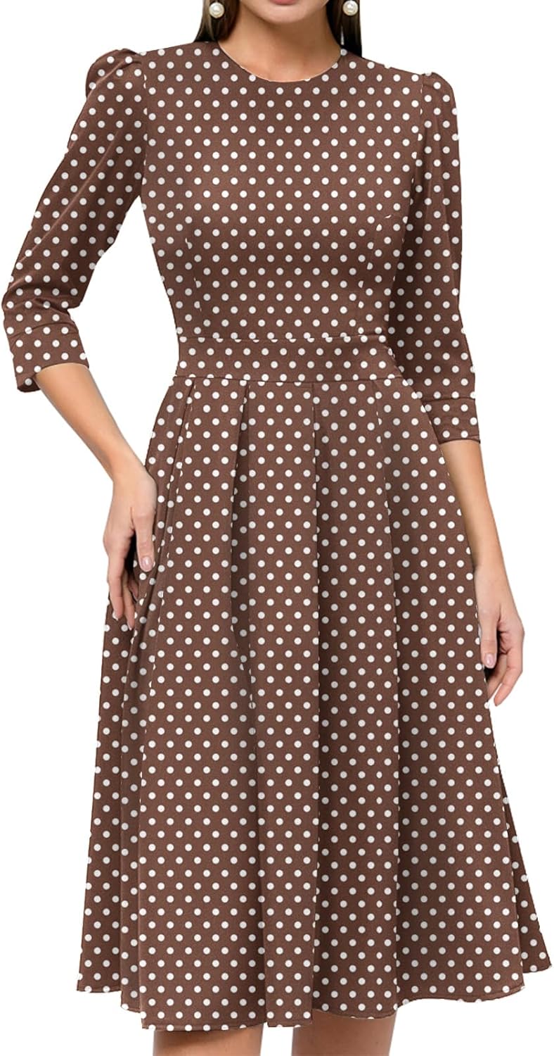 Simple Flavor Women's Floral Vintage Dress Elegant Midi Evening Dress 3/4 Sleeves(XH3346BR,M) - Image 2