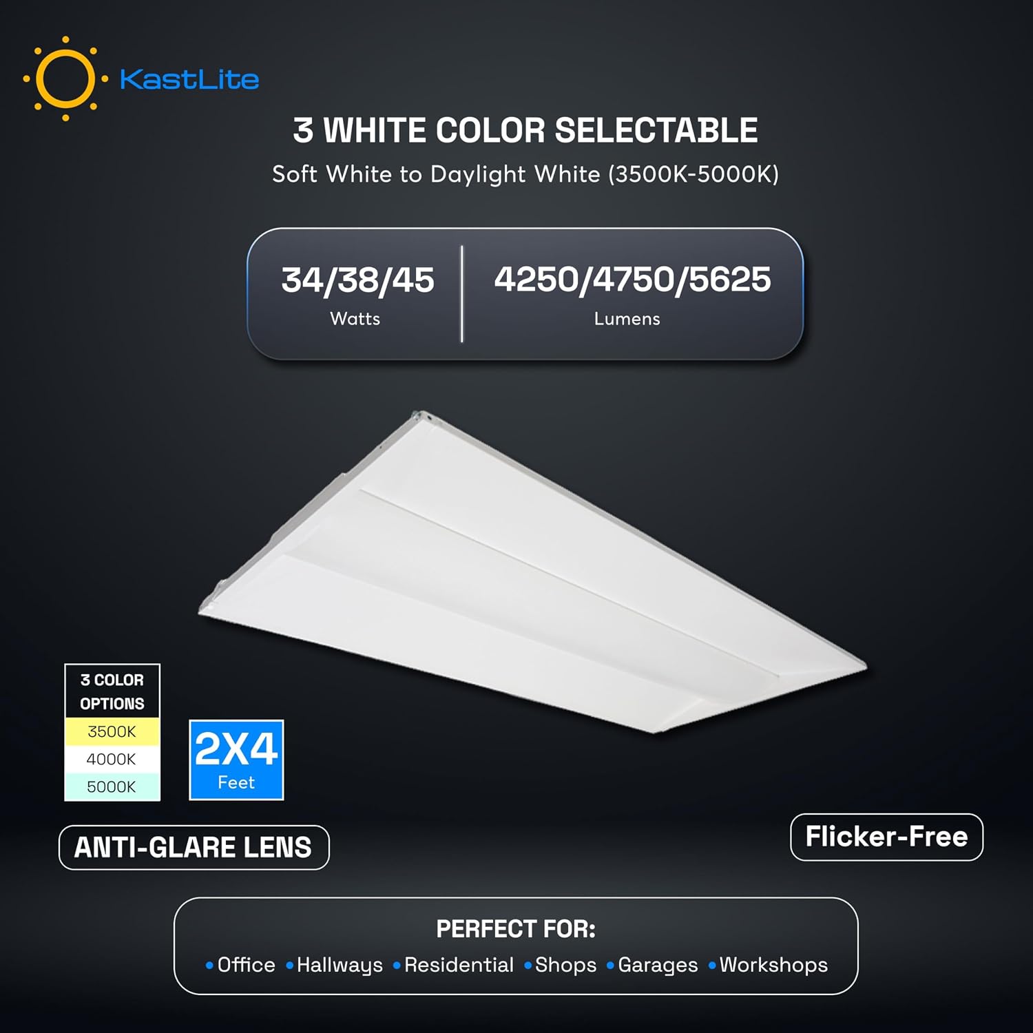 KASTLITE 2x4 Integrated LED Troffer Retrofit Kit Lighting Panel - White | 34W/38W/45W Up to 5625 Lumens | CCT Selectable 35/40/50K | 0-10V Dimmable, 100-277V-ETL&DLC Qualified | 8 Pack