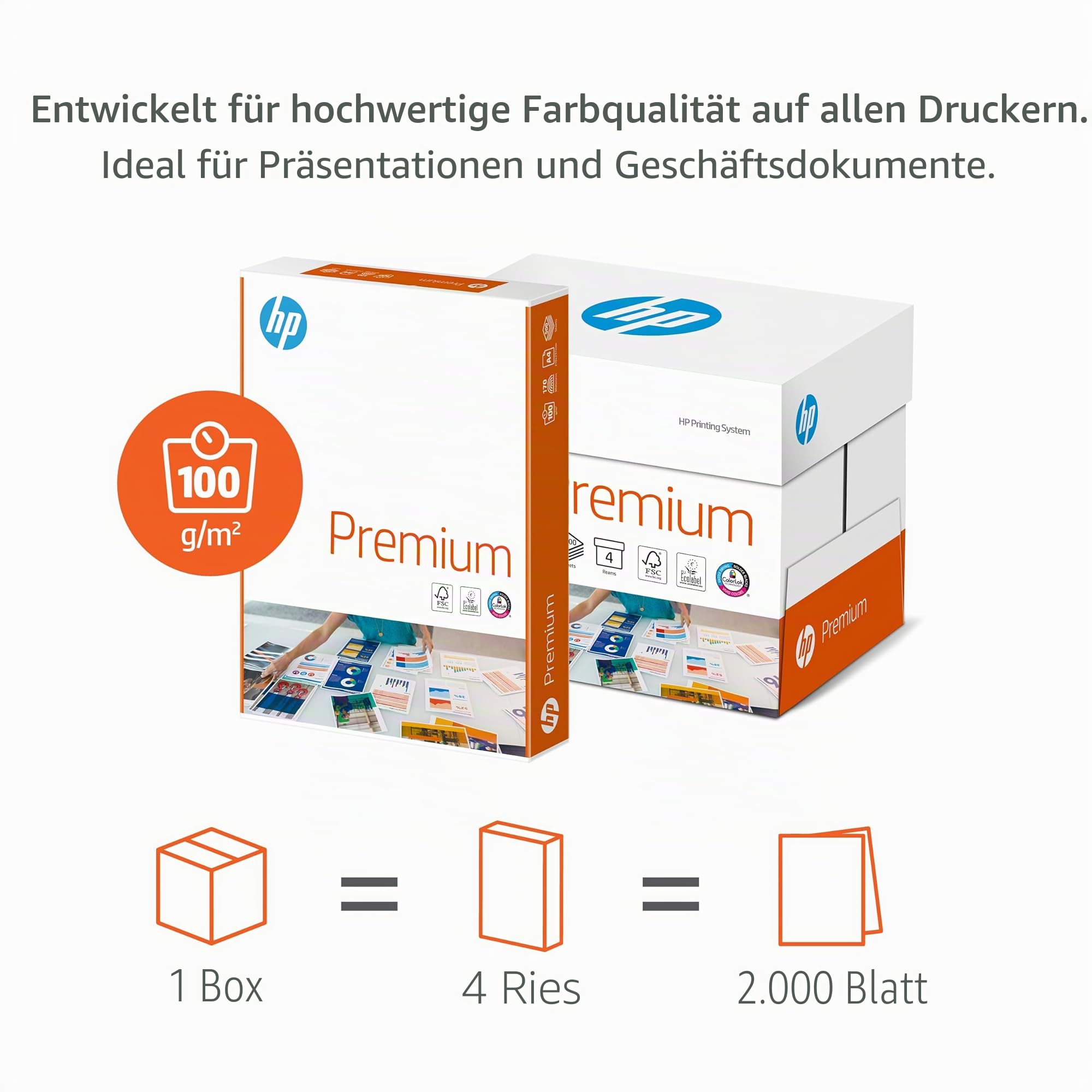 HP Druckerpapier Premium CHP 854: 100g, A4, 2.000 Blatt (4x500), extraglatt, weiß - intensive Farben, scharfes Schriftbild