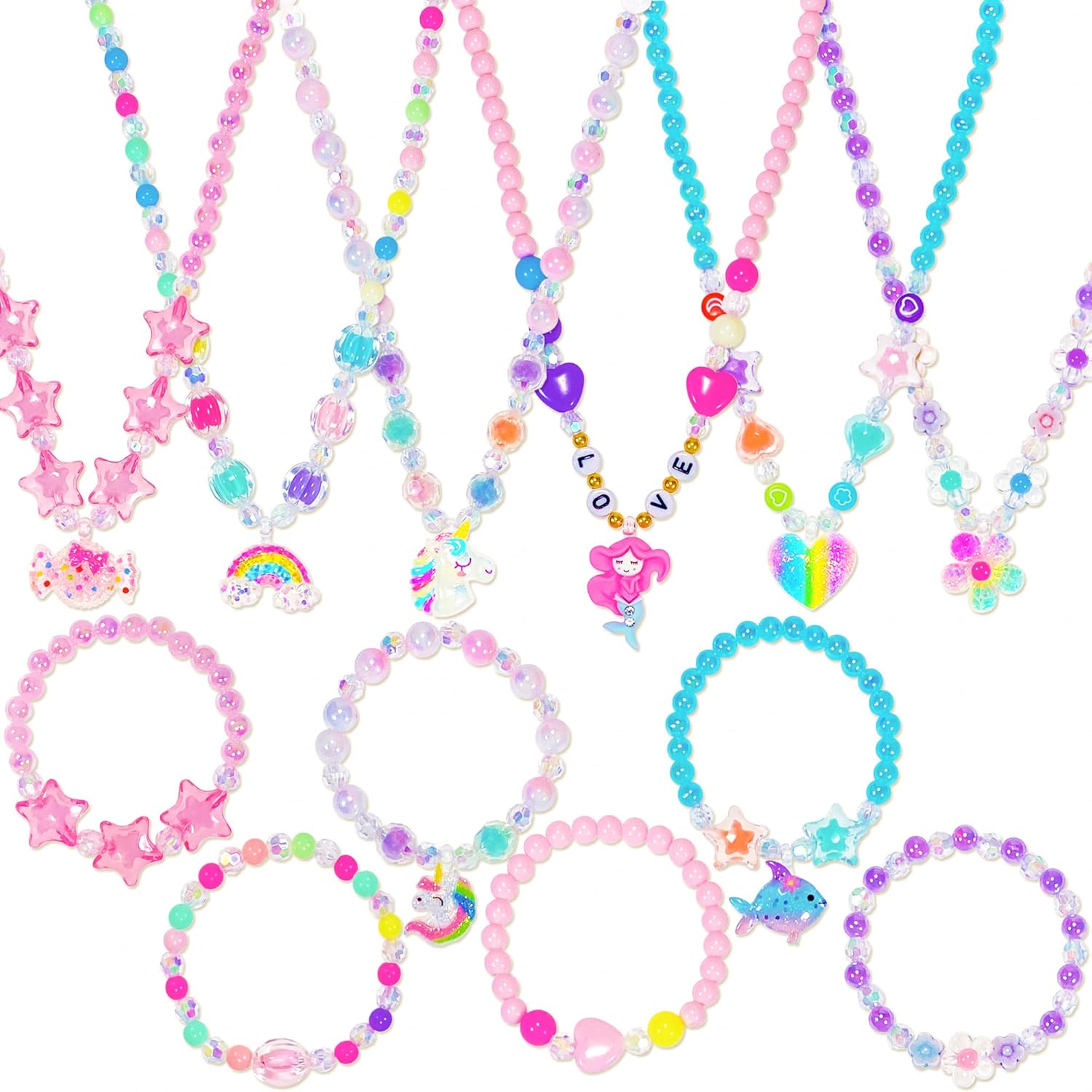 Little Girl Jewelry for Kids Toddler Necklace Bracelet Set with Unicorn Mermaid Pendant Toddler Dress up Jewelry Princess Gifts for 3 4 5 6 7 8 Years Old