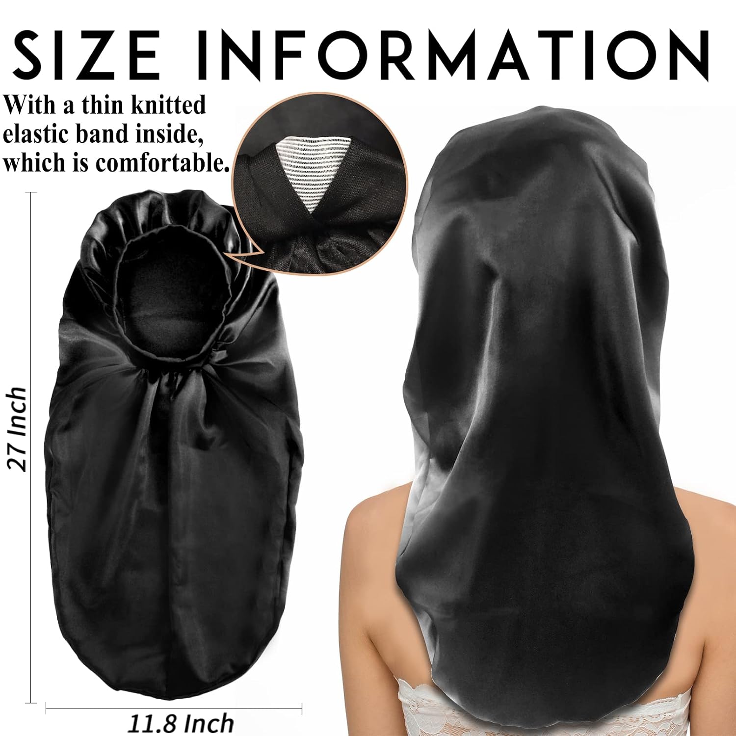 2Pcs Long Satin Bonnet Sleep Cap,Hair Bonnet,Black+Red Pattern | Extra Large Braids Bonnets for Sleeping Long Hair, Soft & Comfortable Elastic Band Hair Bonnets for Women Night Sleep