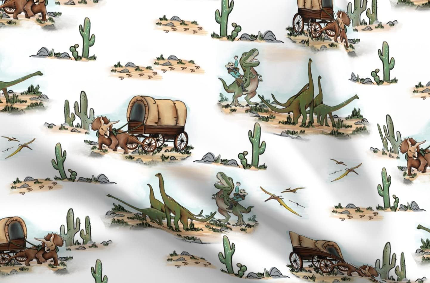 Spoonflower Fabric - Cowboy Prehistoric Western Paleontologist Whimsical Cactus Cacti Printed on Upholstery Velvet Fabric Fat Quarter - Upholstery Home Decor Bottomweight Apparel
