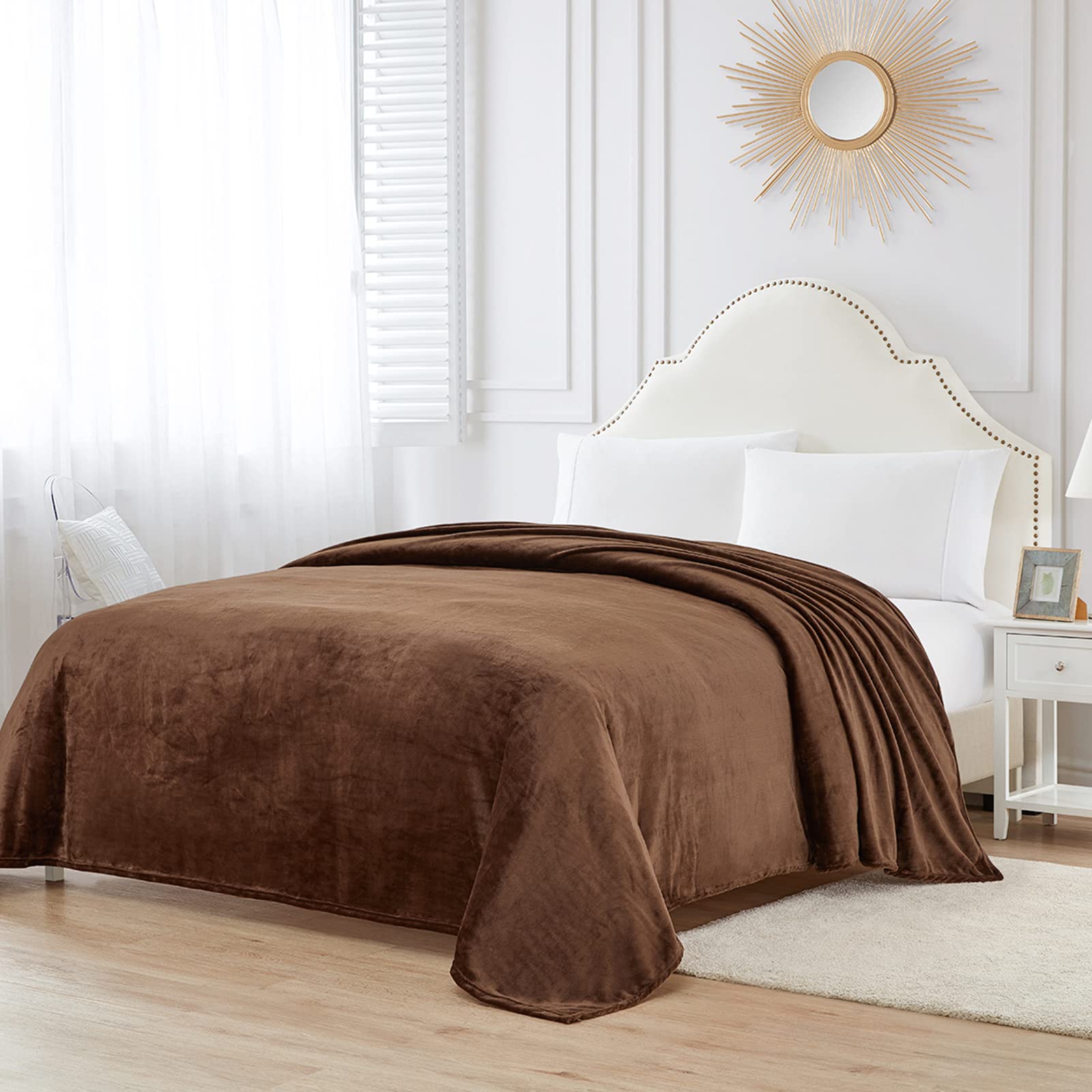 BOURINAFlannel blanket throw Lightweight Cozy Plush Microfiber fleece Blanket,Queen size 90 x 90 Inch,Brown
