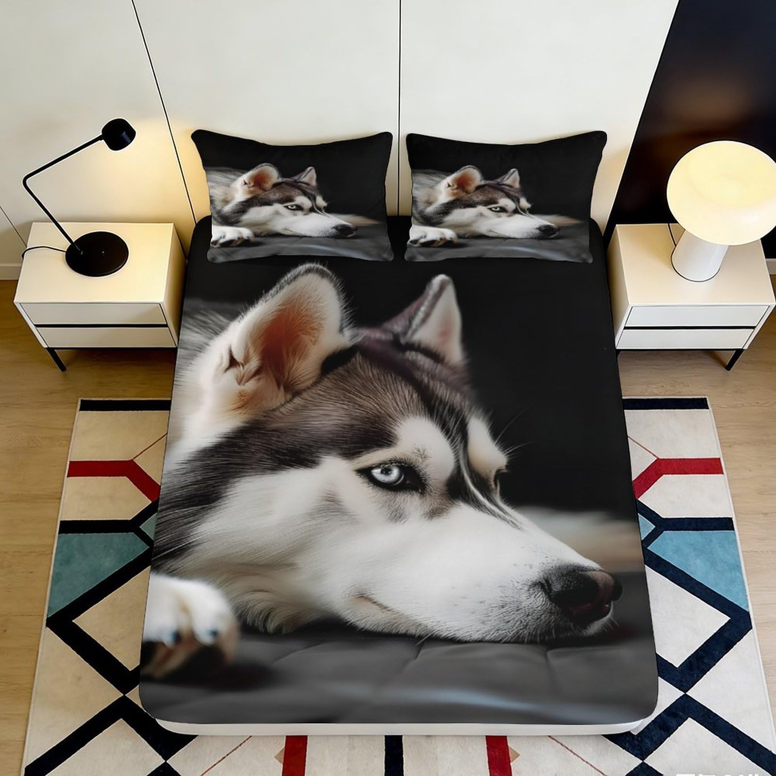 3D Printed Husky Dog Fitted Sheet Microfiber Soft Breathable Wolf Pattern Bed Cover for Bedroom Dorm Mattress Protection Decor 180x200x25cm