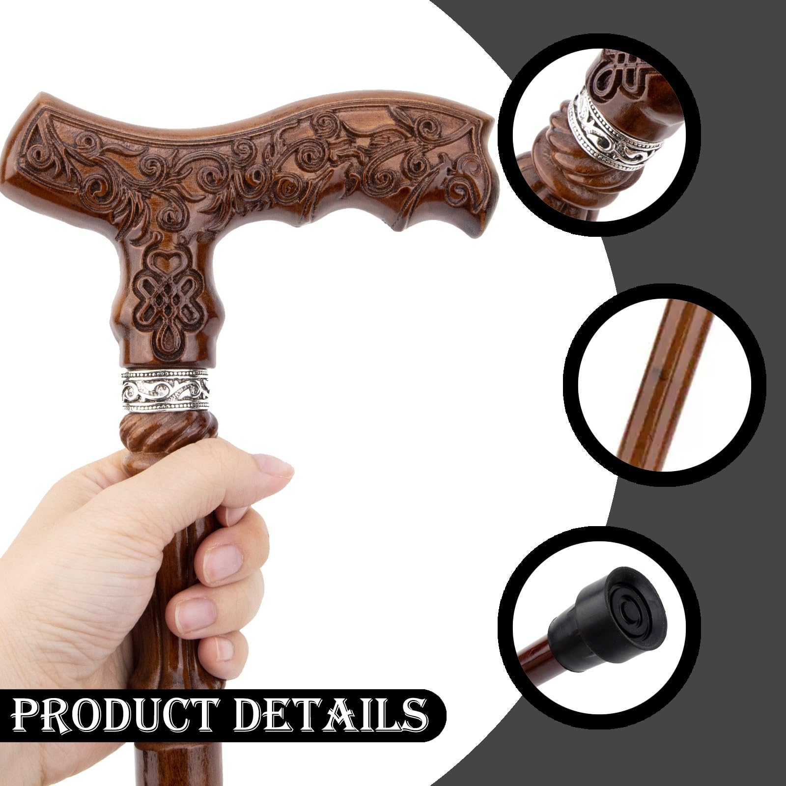 Bastón de Madera Maciza con Empuñadura de Estilo Chino, Bastón Artesanal con Vetas Naturales para Hombre y Mujer, Elegante Bastón de Madera para Uso Diario