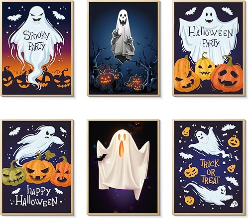 CEKEIOLMLW Póster de fantasma, arte de pared de Halloween, divertido y espeluznante estampado de calabaza iluminada, decoración de pared de