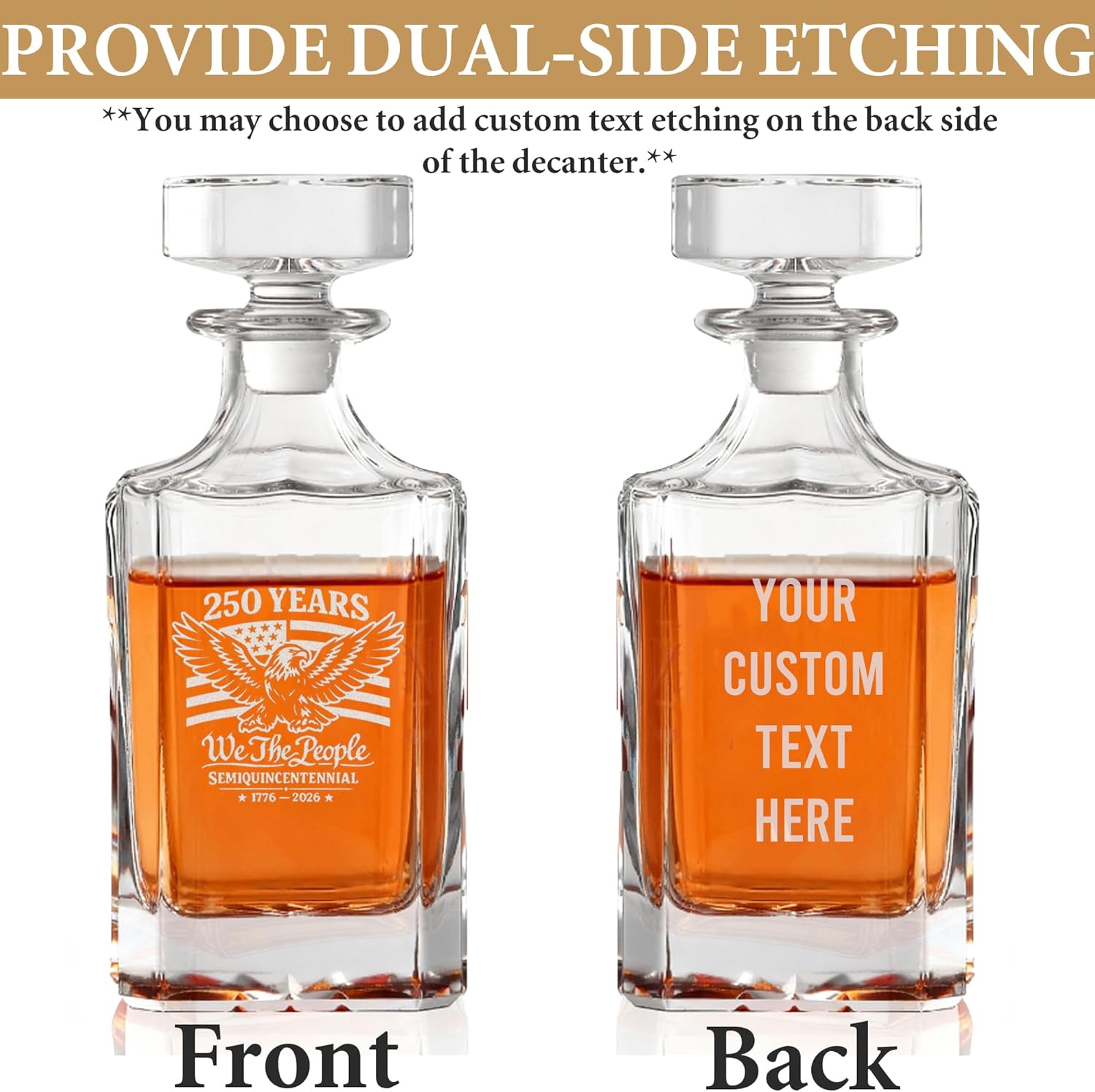 250 Anniversary We The People Whiskey Decanter – Laser Engraved American Flag & Eagle Whiskey Gift, 25oz Liquor Decanter, America 250 Merchandise for Independence Day, Wooden Gift Box Option