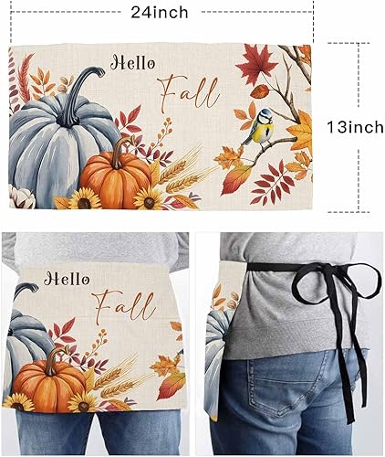 Miniatura 6 de DecorLovee Delantal de camarera con estampado de patas con 3 bolsillos, delantal de servidor de madera verde azulado marrón beige, delantal de