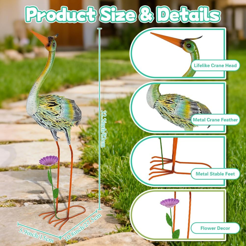 VEWOGARDEN Garden Statues for Outside, 32" Metal Crane Yard Statue Outdoor Animal Statues for Lawn, Patio, Pond, Colorful