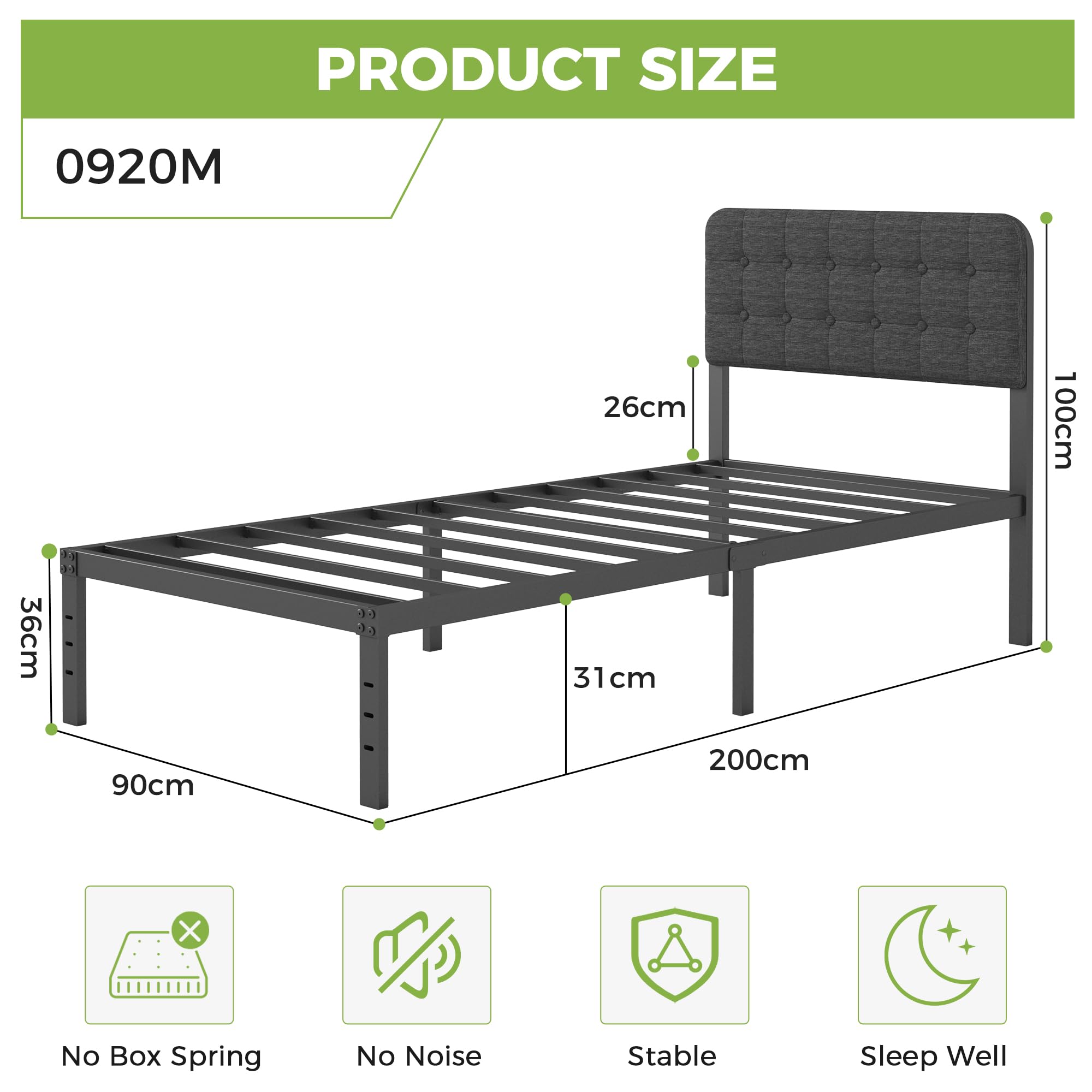 Lutown-Teen Cama 90 x 200 cm con Cabecero Tapizado Curvo, Somier 90x200 de Metal con Soporte de Lamas de Acero, Altura 36 cm, Almacenamiento Debajo de la Cama, Fácil Montaje, Libre de Ruidos, Negro