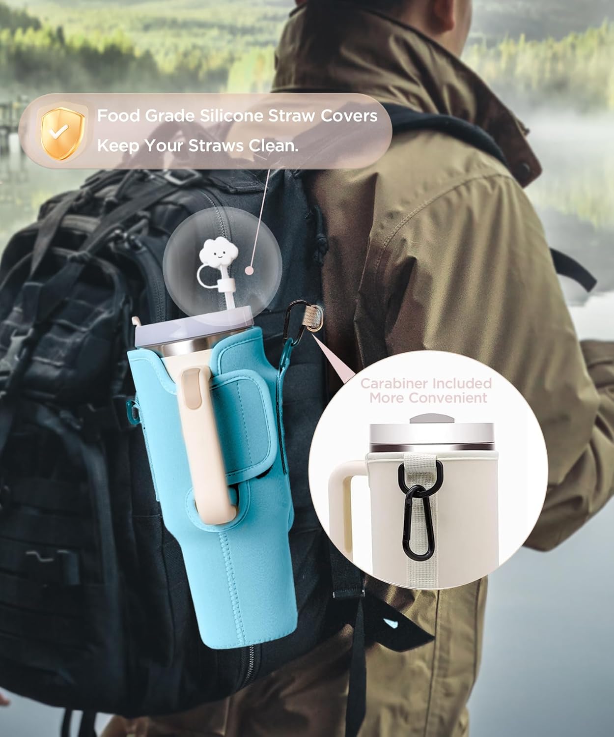 Water Bottle Carrier Bag with Phone Pocket for Stanley 40oz Tumbler with Handle（Black+Blue）