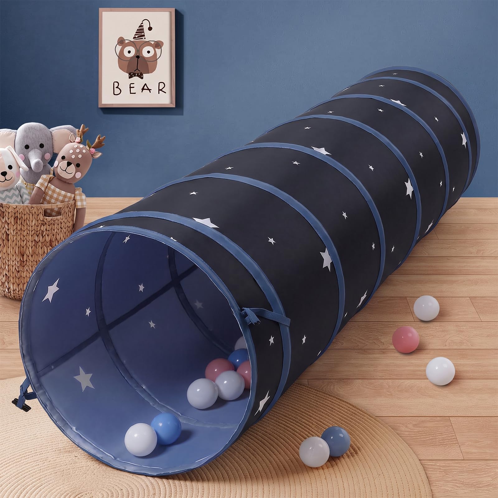 Pop Up Play Tunnel for Kids: Peach Skin Fabric Foldable Crawling Baby Tunnel Tent - Indoor Outdoor Toddlers Collapsible Toys Christmas Birthday Gift for Boys Girls 175×46cm (Black Star)