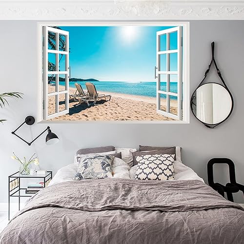 Miniatura 3 de Adhesivo de pared 3D para ventana falsa de paisaje marino de playa, palmera tropical extraíble, vista al mar, calcomanías de pared falsas para