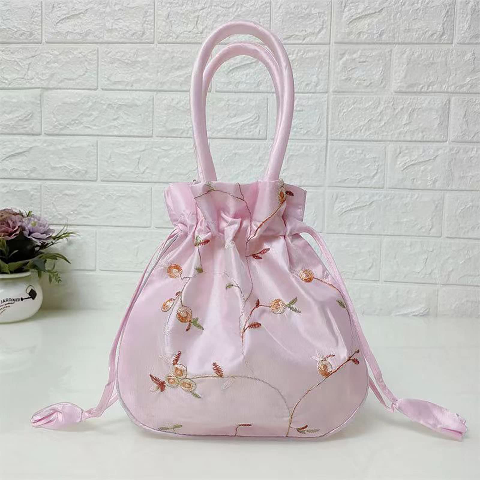 SINSEN Small Drawstring Pouch Gift Bag for Present, Satin Embroidered Potli Bag Clutches Handbag, Brocade Ethnic Jewellery Coin Purses for New Year Birthday Wedding Party Valentine
