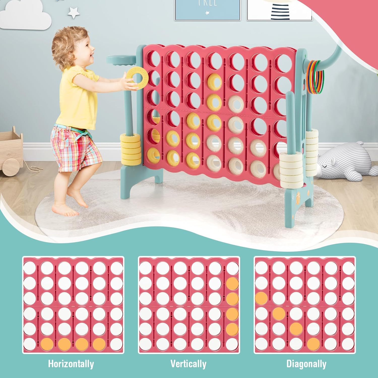 HONEY JOY Jumbo 4-to-Score Giant Game Set, 3-in-1 Indoor Outdoor Family Yard Game Set w/Basketball Hoop & Ring Toss, 42 Jumbo Rings, Quick-Release Slider, Giant 4-in-A-Row for Kids & Adults