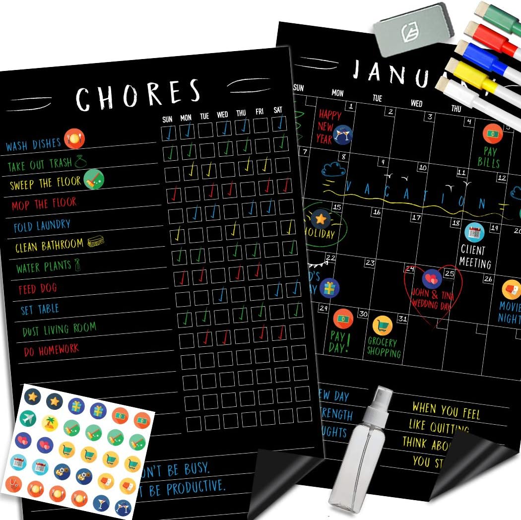 Magnetic Chore Chart Chalkboard & Reusable Dry Erase Calendar Set – Organizational Reward Planner - Family Planning Board - Kids Responsibility Reward Cleaning Chart – 11” x 17” (Lushleaf Designs) : Office Products