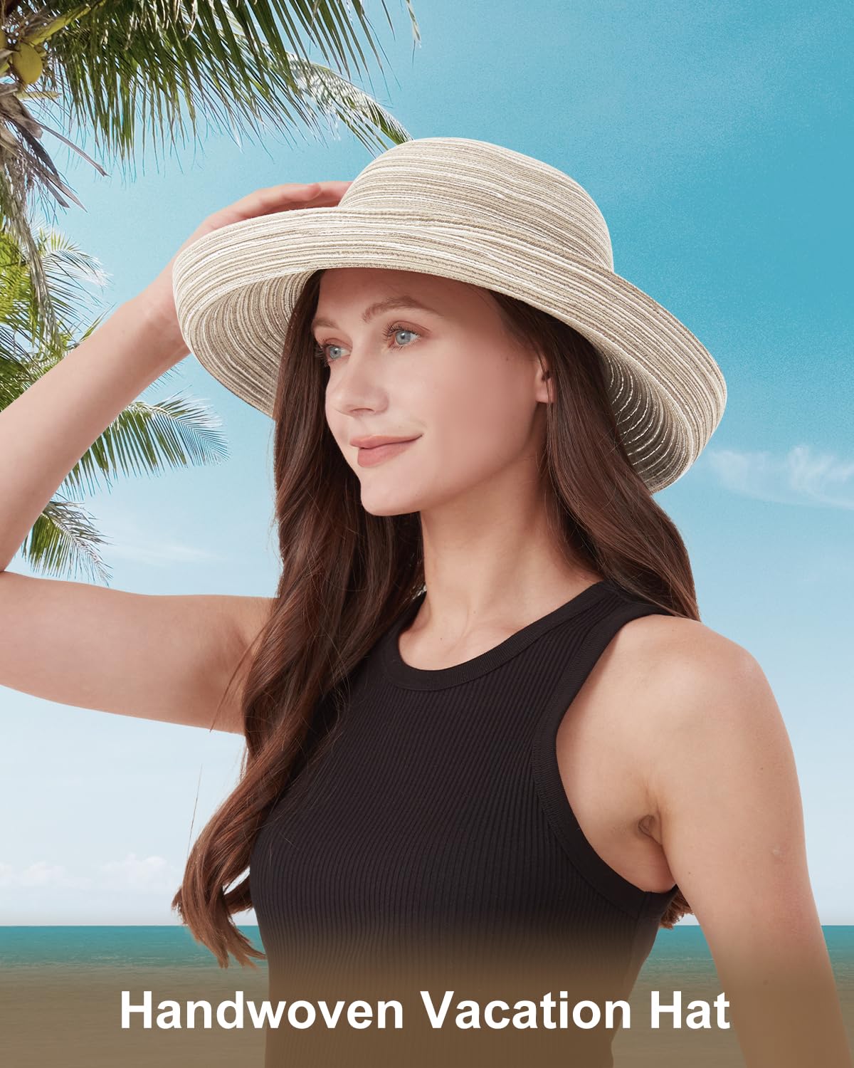 Zylioo Chapeau de plage XXL enroulable pour femme, chapeau d'été surdimensionné avec cordon de vent, chapeau de voyage pliable UPF