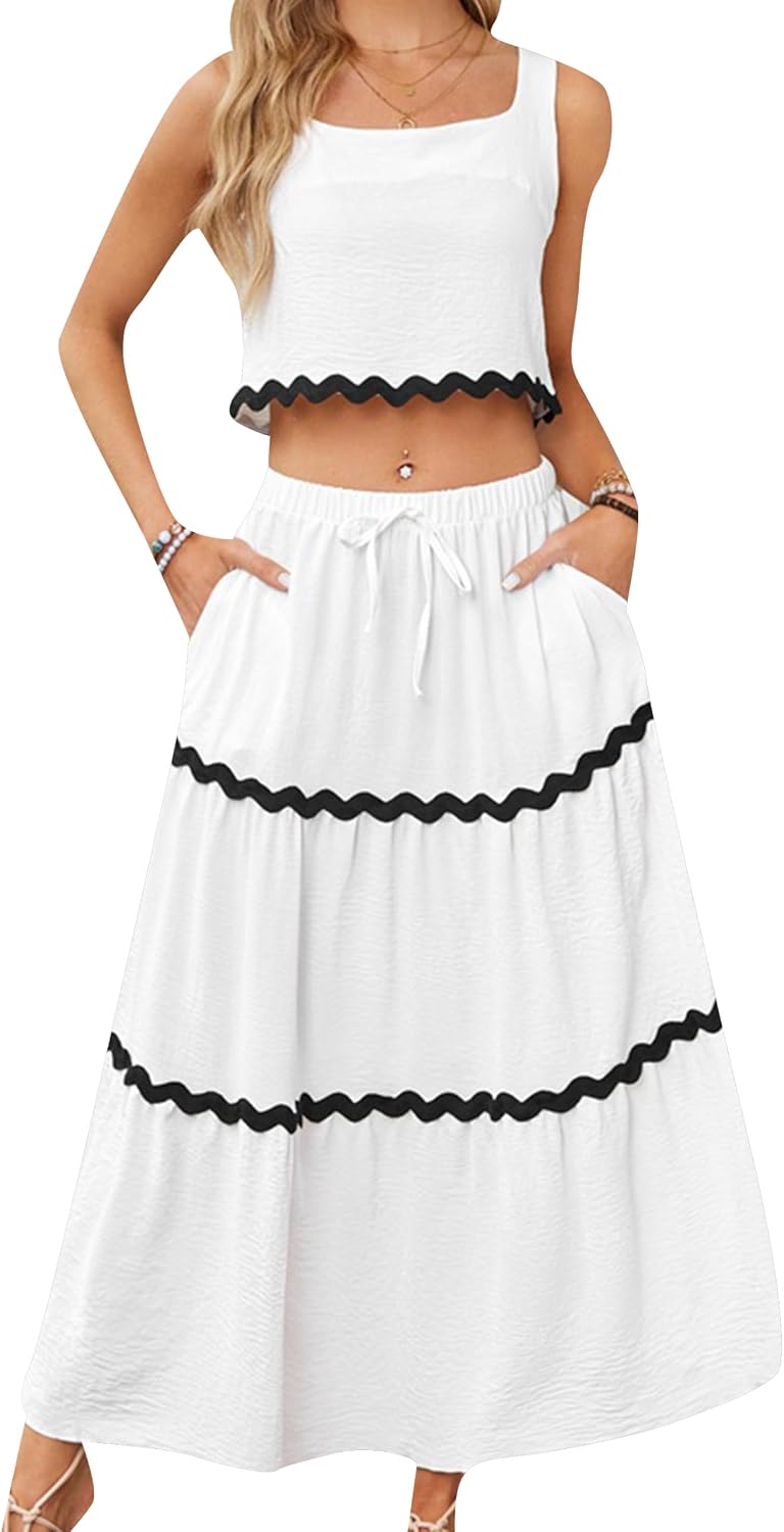 OMZIN 2 Piece Suiting Maxi Party Loose Dress for Women Spring Summer Square Neck Sleeveless Tank Crop Tops Dresses