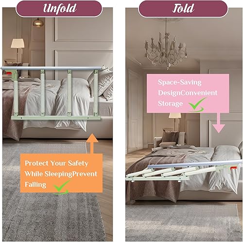 Miniatura 5 de Riel de cama plegable de 30   Rieles de cama de seguridad para adultos mayores (TwinKing, sin herramientas) Soporta 300 libras  Correa