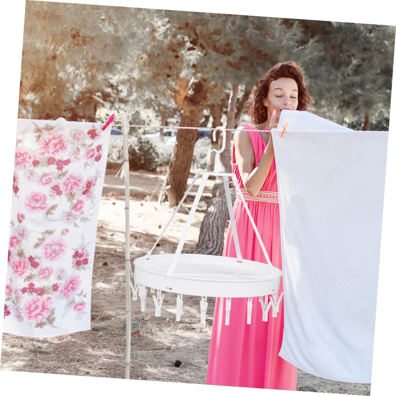 Windproof Folding Underwear Drying Hanger Rack, Single-Layer White Clothes and Socks Organizer for Balcony Laundry Storage