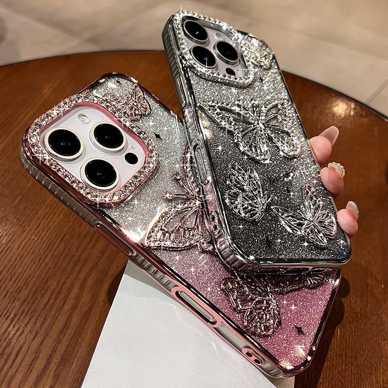 Diamond 3D Butterfly Glitter Case for iPhone 16 15 14 13 12 Pro Max Plating Gradient Transparent Cute Women Girl's Bling Cover (Silver,for iPhone 15 Pro Max)