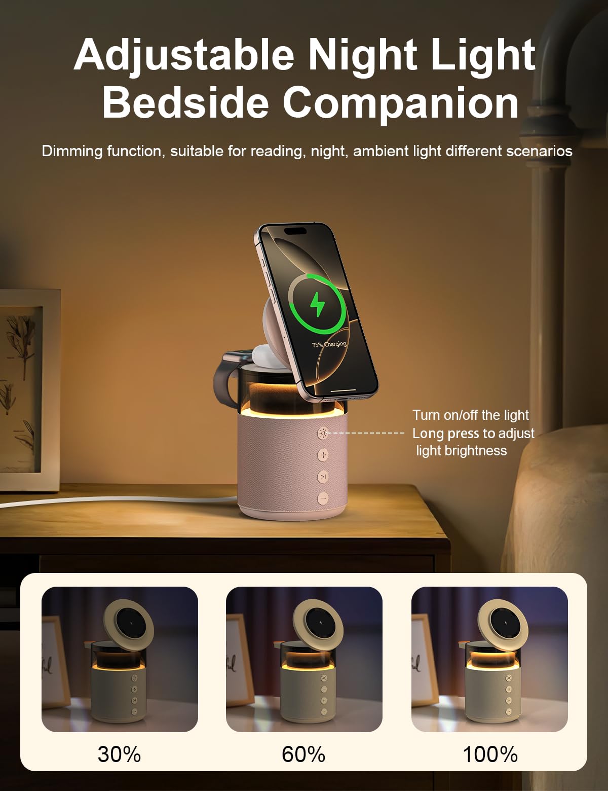 3-in-1 Bluetooth-Lautsprecher mit Nachtlicht und kabellosem Ladegerät, dimmbare Nachttischlampe mit Induktionsladestation – Kompatibel mit iPhone 17/16/15/14/13/12 Pro Max