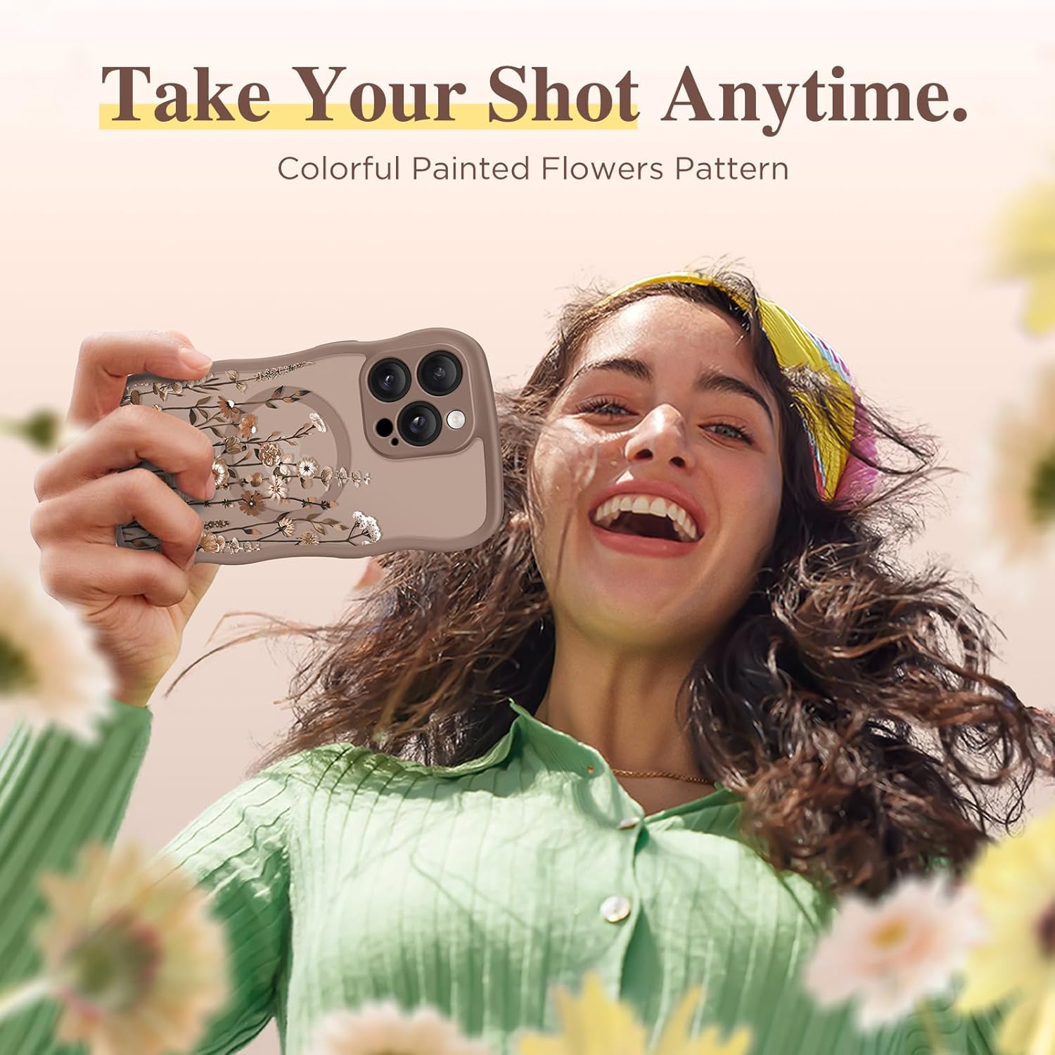 GVIEWIN for iPhone 14 Pro Max Case Compatible with MagSafe [Curly Wave Edge][Full Camera Protection] Floral Translucent Shockproof Magnetic Women Phone Case for 14 Pro Max, Floratopia/Brown - Image 8