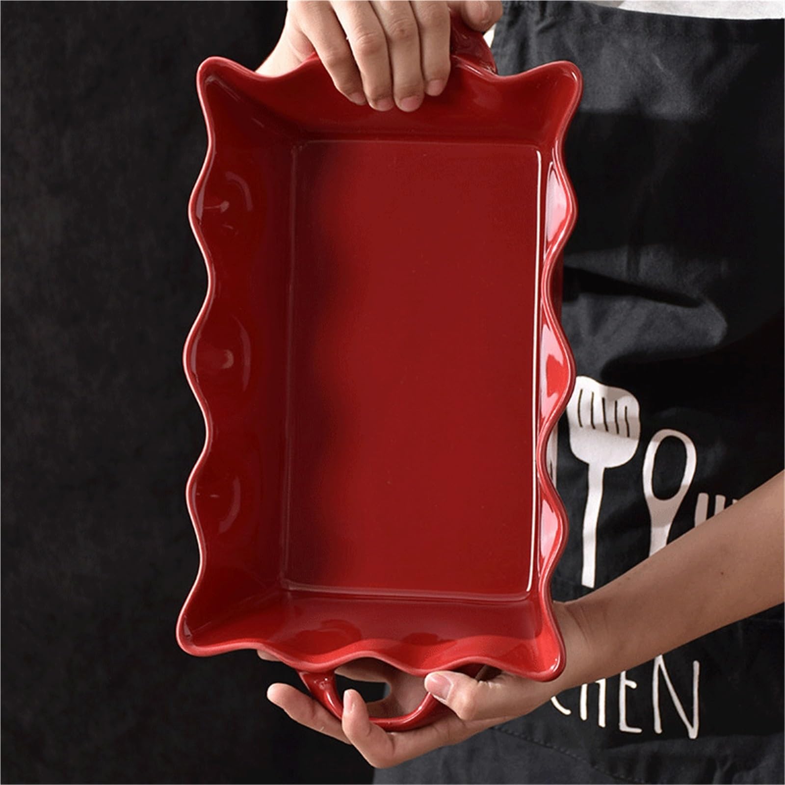 Plat Four Plat de Cuisson en céramique Rouge Vintage avec Bords ondulés Plat Gratin