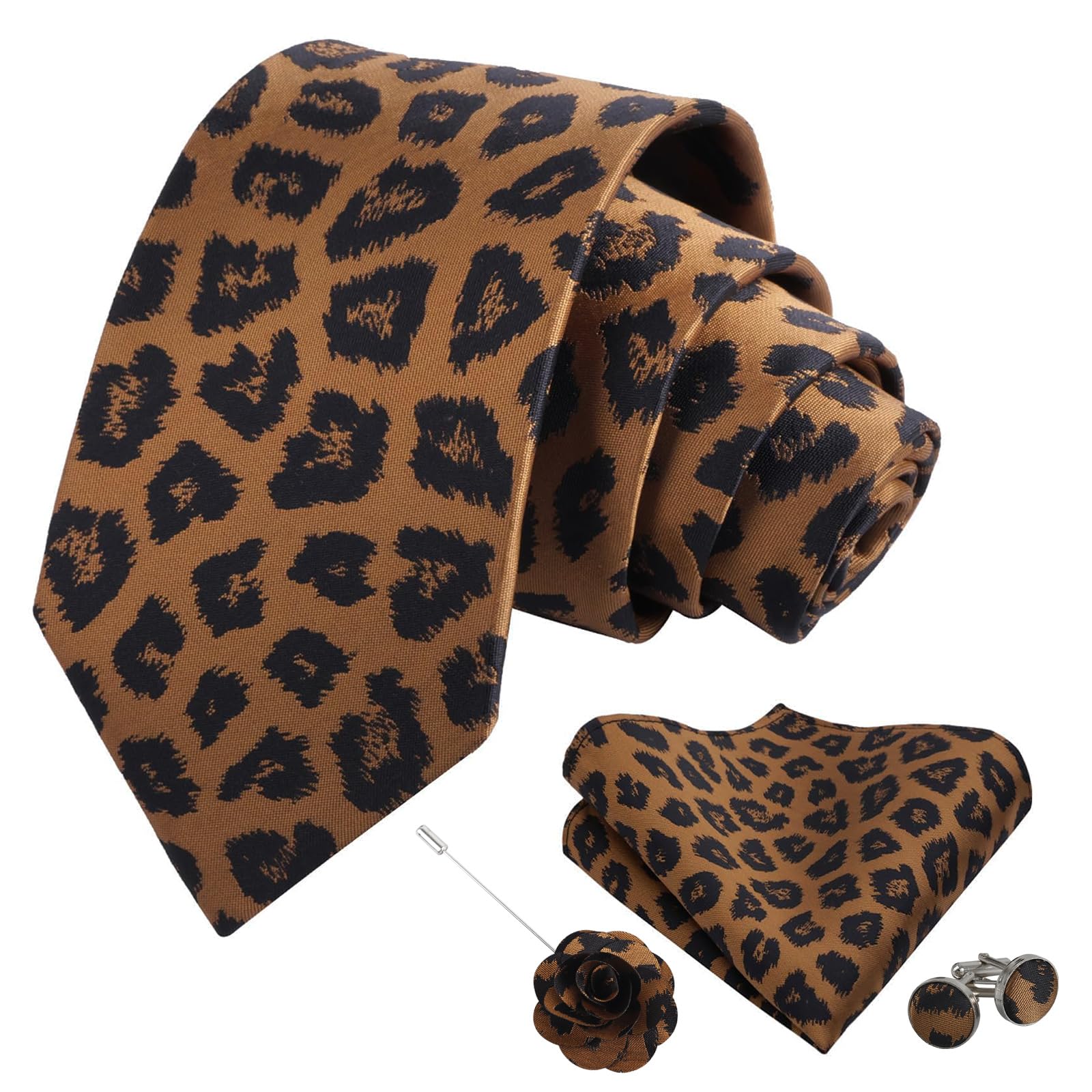 Alizeal Mens Leopard Necktie with Pocket Square Set, 3.15''/2.36''