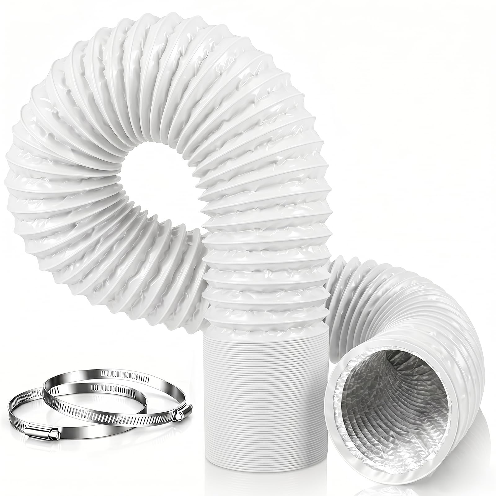 75mm Flexible Ducting 3m, 3 Inch PVC Aluminium Ducting Hose Heat Resistant Air Ducting Vent Hose Pipe, with 2 Clamps for Diesel Heater, Extractor Fan White