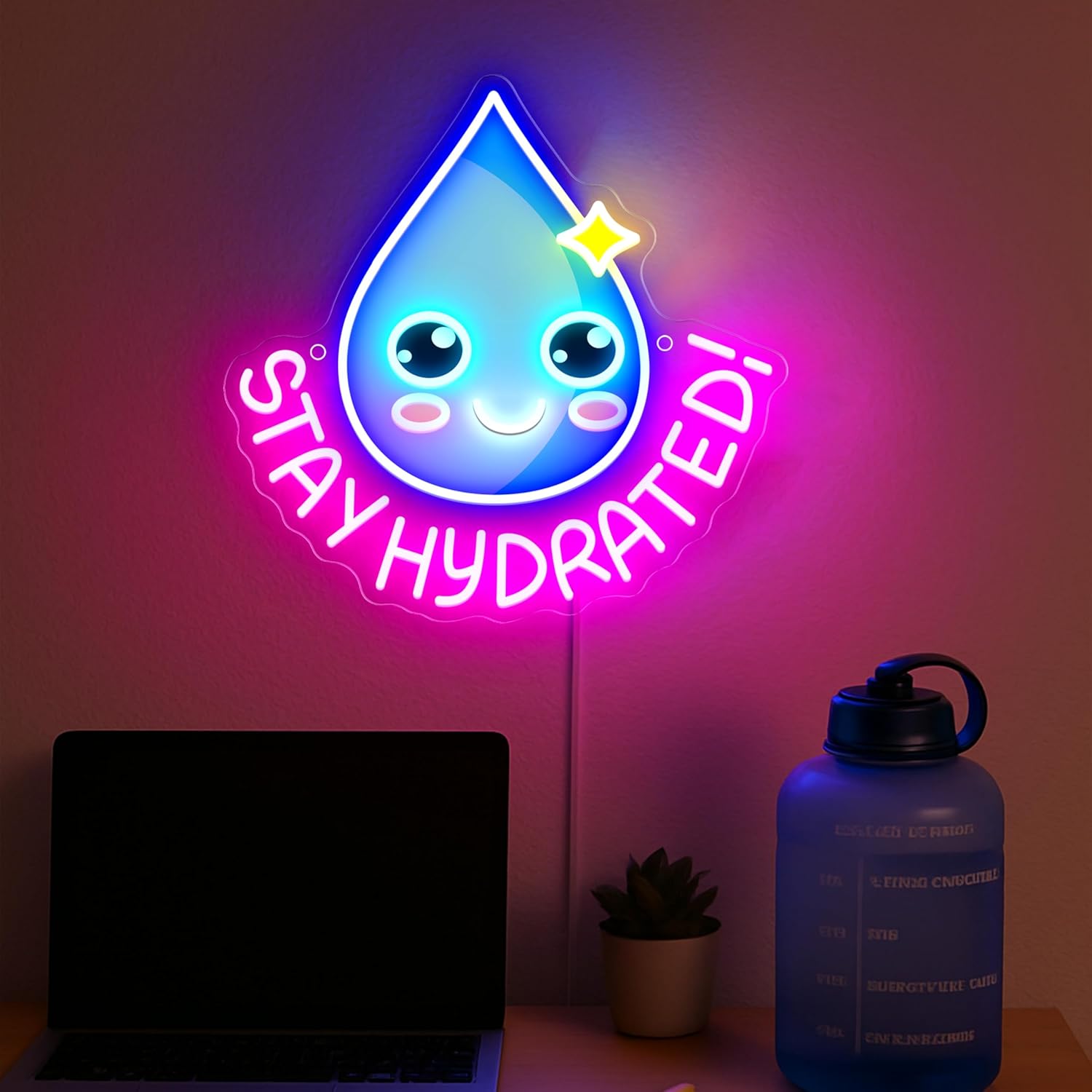 Stay Hyrated Neon Sign H20 Neon Light Water Molecule LED Light Cute Kawaii Health & Wellness Decor Drop Neon Water Wall Decor for Gym Kitchen Bedroom Birthday Holiday Gift