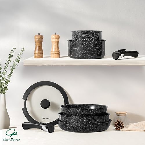 Miniatura 8 de Chef Power - Juego de ollas y sartenes antiadherentes de cerámica de 19 piezas con mango desmontable, juego de ollas y sartenes apto para inducción,