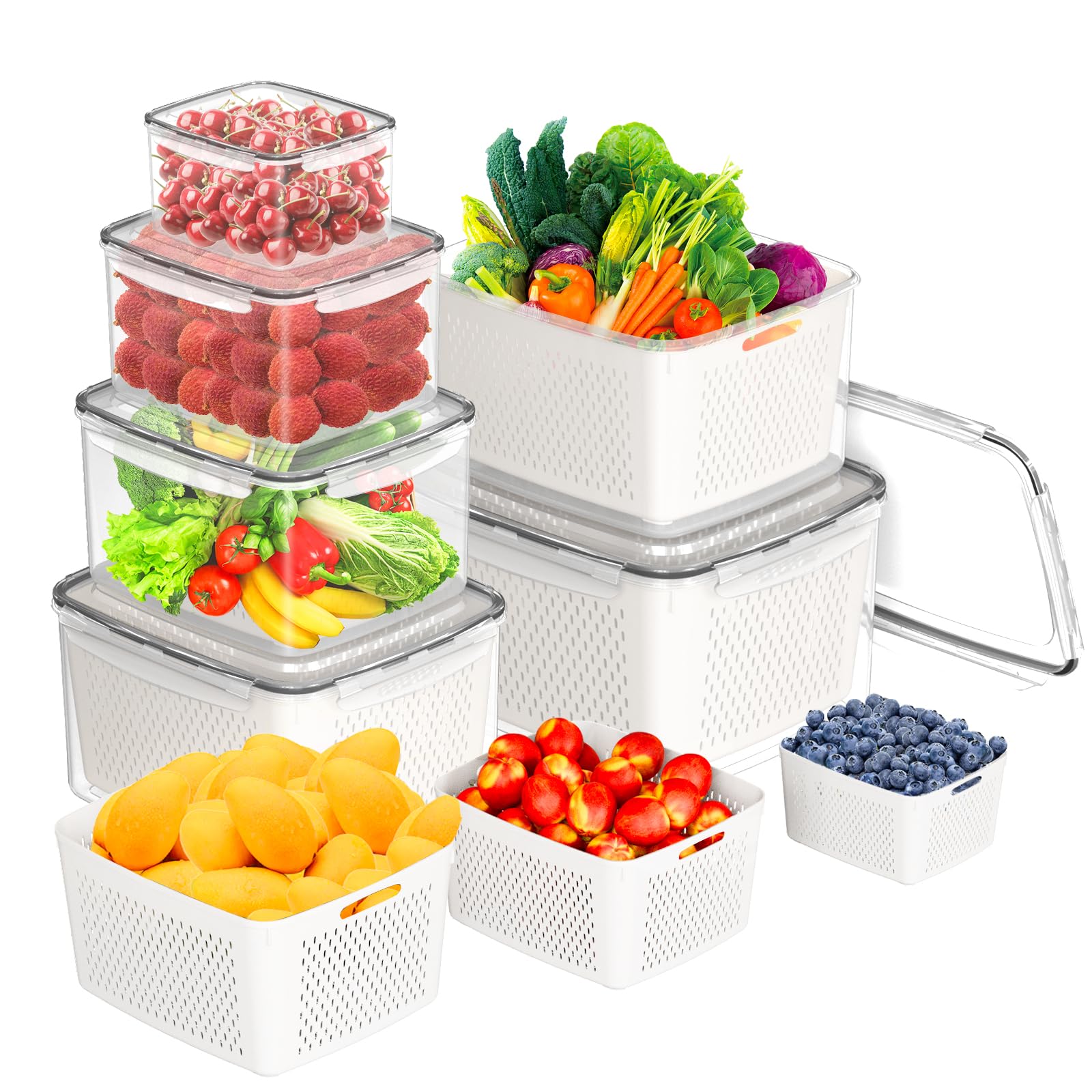 6 PCS Fruit Storage Containers for Fridge with Removable Drain Basket, Sealed Vegetable and Berry Containers for Fridge - for Washing, Organizer, Keep Freshness, Classified Food Storage Container