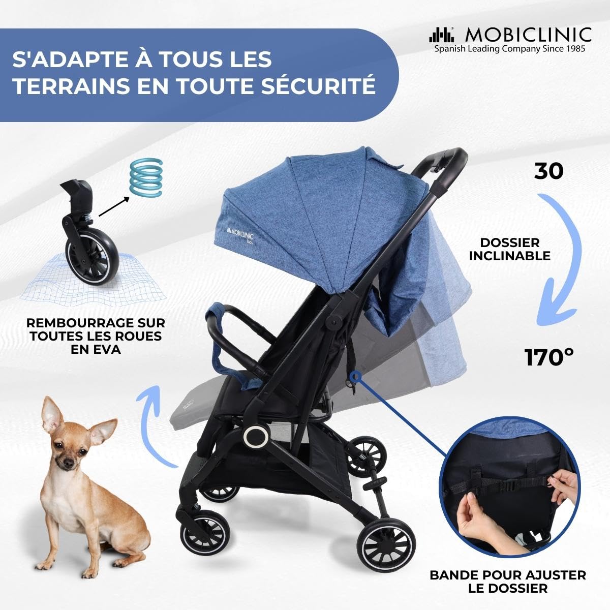 Mobiclinic® kids, Poussette, Ultra-compacte, Trip, Harnais 5 points, Barre de portage, Panier, 0-36 mois, Entièrement réglable, Poignée unique, Capot rabattable, Freins verrouillables