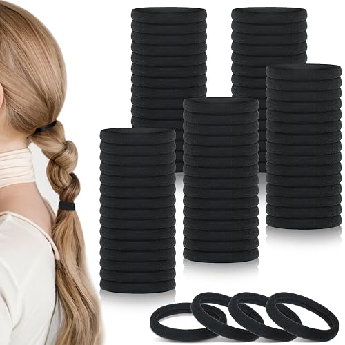Obeoby 100PCS Hair Ties for Thick Hair, Seamless Nylon Elastic Ponytail Holders, Bulk Black Hair Bands & Elastics for Women Girls