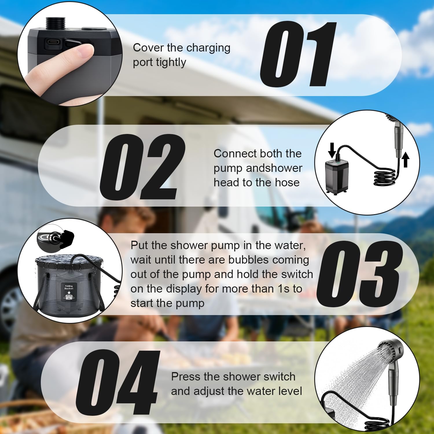 Douche de camping portable, pompe à eau rechargeable à piles pour douche en plein air, camping, randonnée, voyage, douche électrique 12 V avec fort débit d'eau, légère et facile à utiliser pour le