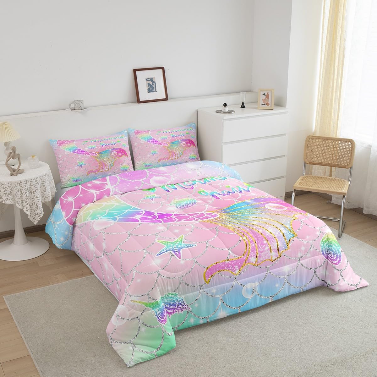 Feelyou Mermaid Comforter Set Full Size for Kids Girls Rainbow Pink Mermaid Tail Printed Bedding Set Cute Reversible Stars Quilt Bed Set Sparkle Mermaid Fish Scale Bedroom Glitter Decor All Season