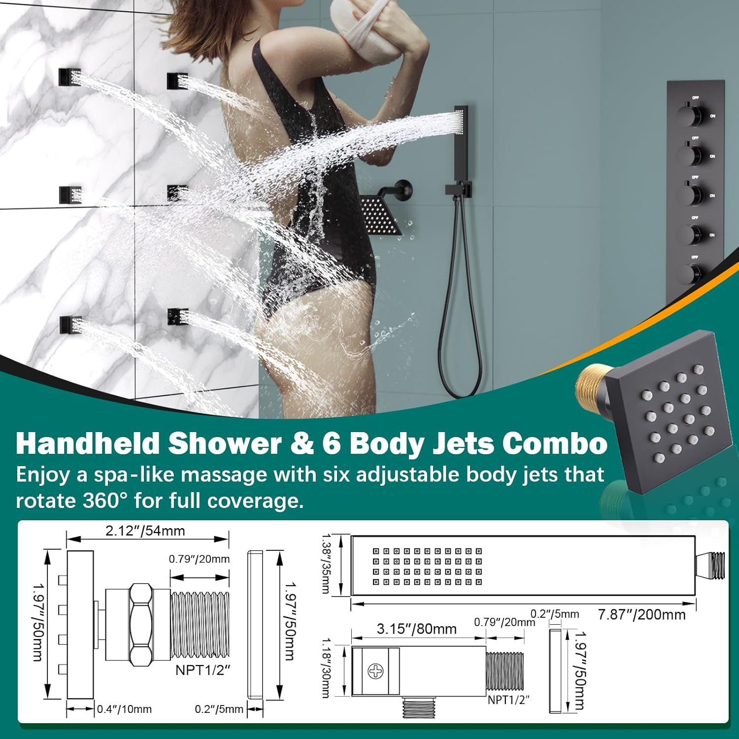 HOMEDEC Multi-Function Shower System with LED 14x20inch and Dual 6" Shower Heads, 5 Way Thermostatic Diverter Valve Shower Faucet Set, Black