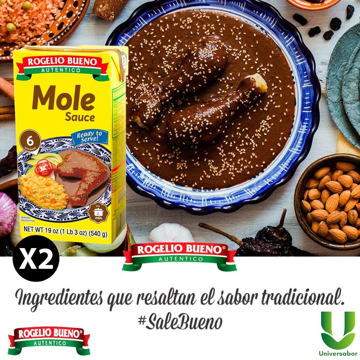 Pack de 2 Moles Listo para Servir Rogelio Bueno 540 g c/u Empaque Brick Sabor Tradicional Mexicano