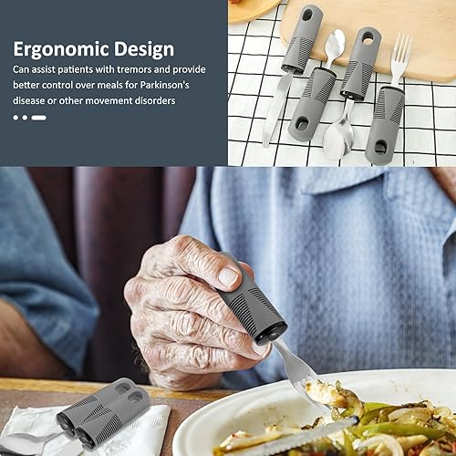 Miniatura 6 de Juego de utensilios adaptativos, cubiertos pesados, 4 piezas, sólidos y seguros, en ángulo, antideslizantes, de fácil agarre, juego de cubiertos con