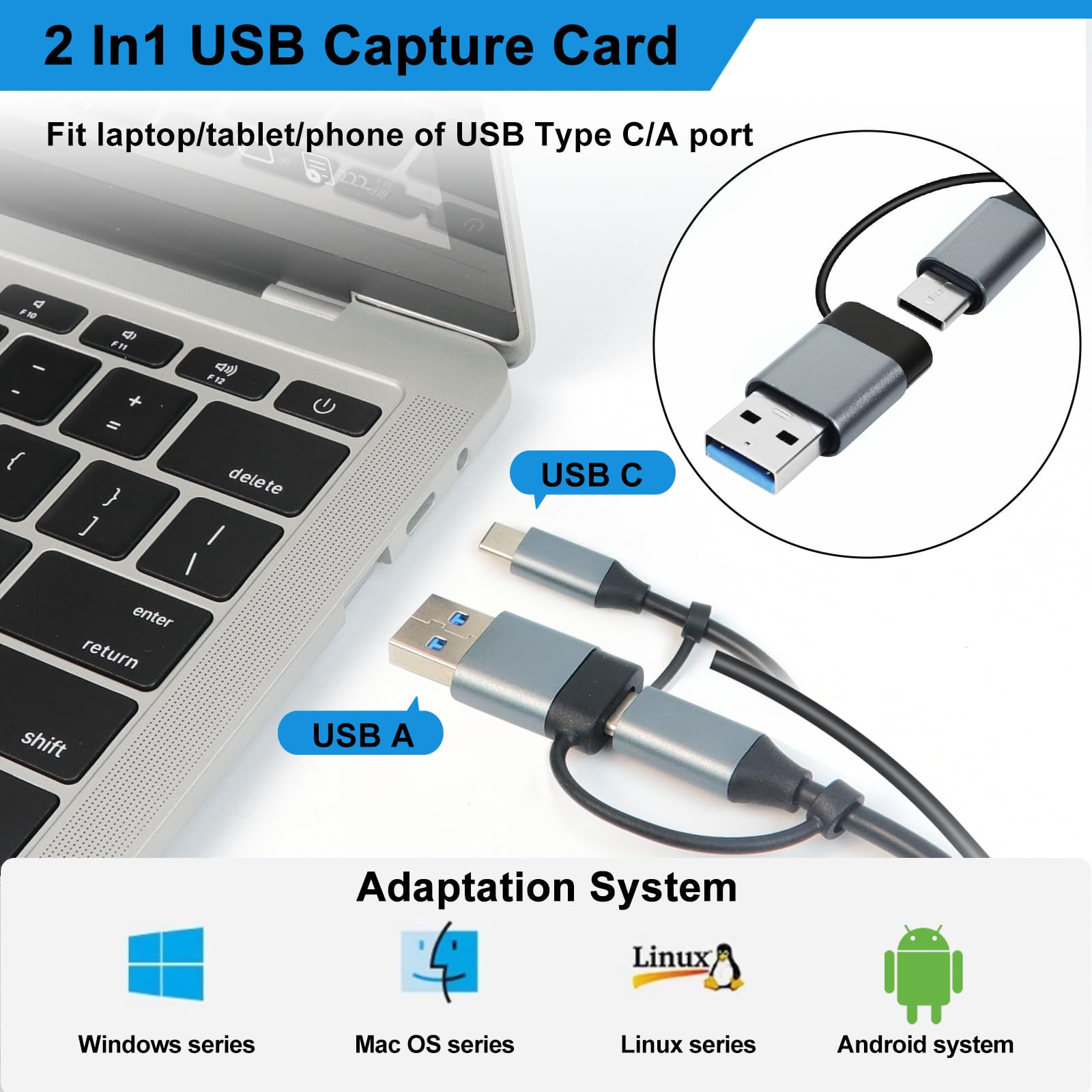 Karta przechwytywania wideo, karta przechwytywania audio USB 3.0 HDMI na USB C, przechwytywanie 4K 1080p 60 FPS z adapterem typu C