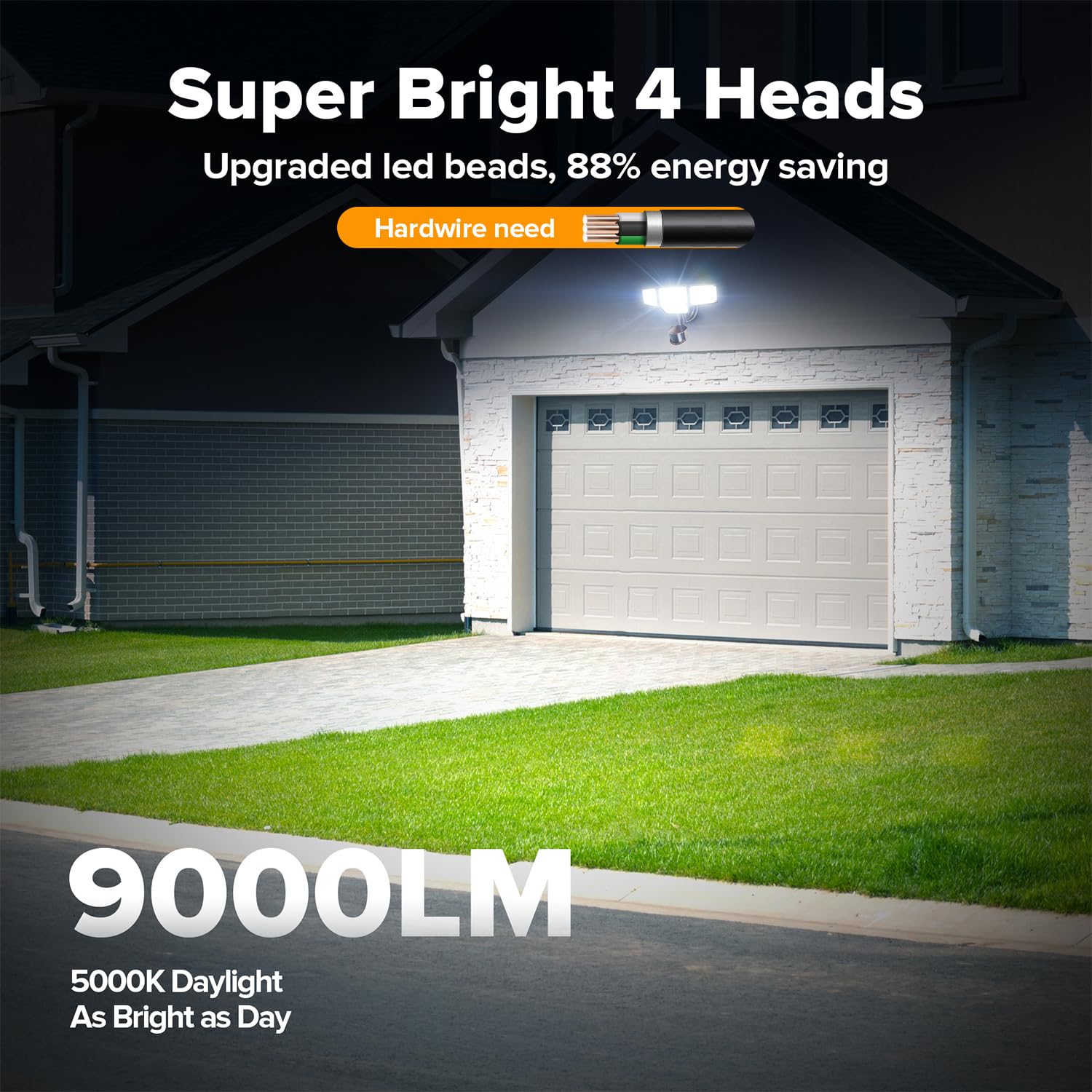 LUTEC 80W 9000LM LED Sicherheitsleuchten mit Bewegungsmelder für Direktdrahtverbindung, 4 Köpfe Außen LED Flutlichter, 5000K Tageslicht, IP65 Wasserdicht