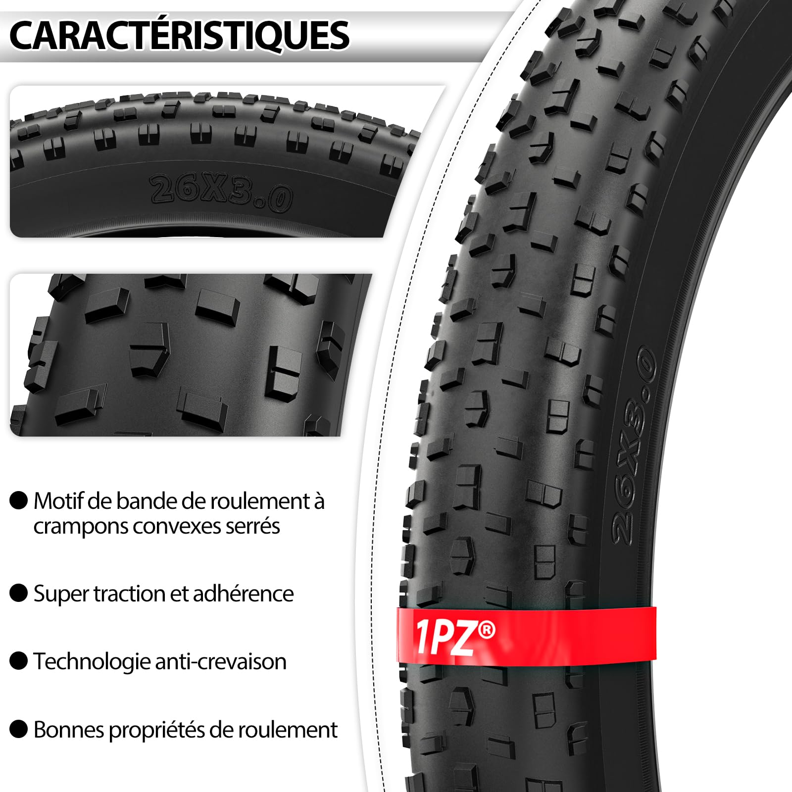 1PZ FR7-FT1 Pneu de Vélo Fat Bike 26x3,0 Pouce : Pneu VTT Fat Performance Tout-Terrain, Pliable et Polyvalent pour Fat Mountain Bike - Conduite sur Route et Sentier