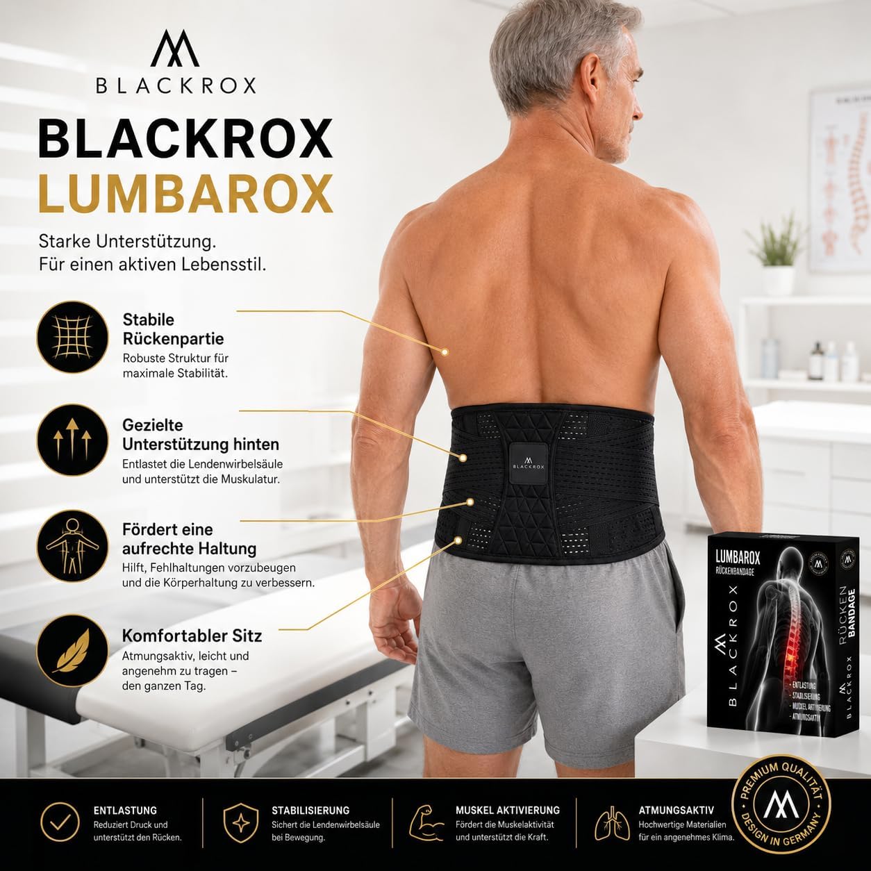 BLACKROX LUMBAROX, cintura di supporto lombare per uomini e donne, stabilizzazione della schiena, cintura di sostegno per la schiena (L, nero)