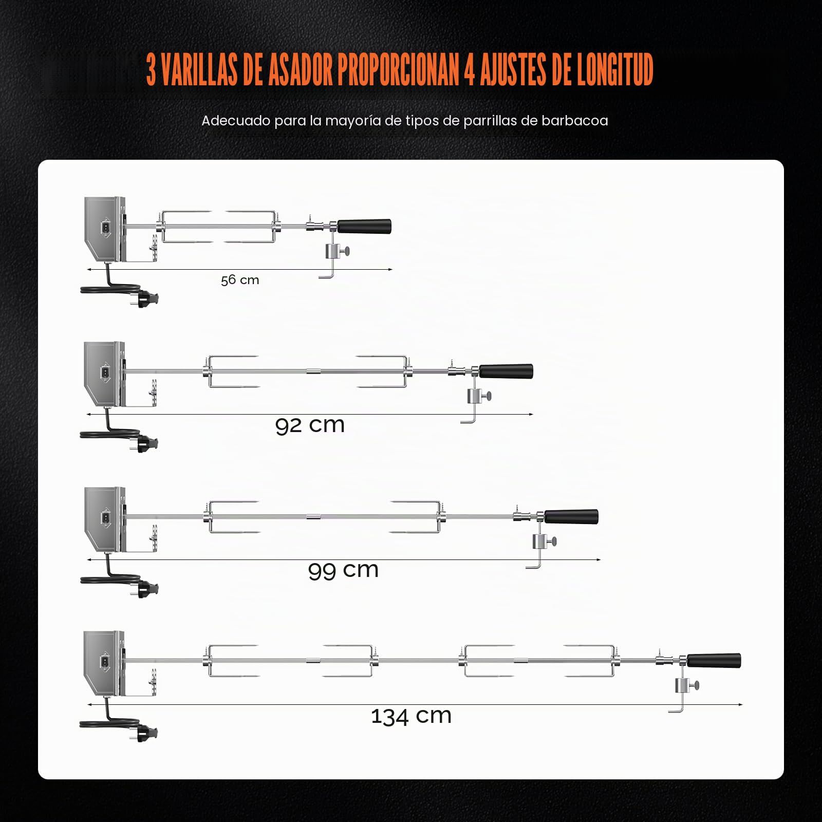 Universal asador Giratorio Barbacoa 3X Pinchos, Agujas y Motor de Acero Inoxidable Longitud Ajustable 56-134cm 3RPM Parrilla Barbacoa giratoria