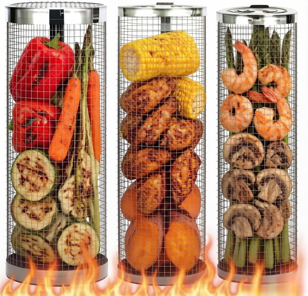 3 Pcs Rolling Grill Baskets for Outdoor Grill Accessories, BBQ Grilling Basket for Vegetables Shrimp Kebob, Outdoor Cooking Camping, Birthday Gifts for Men Dad Husband