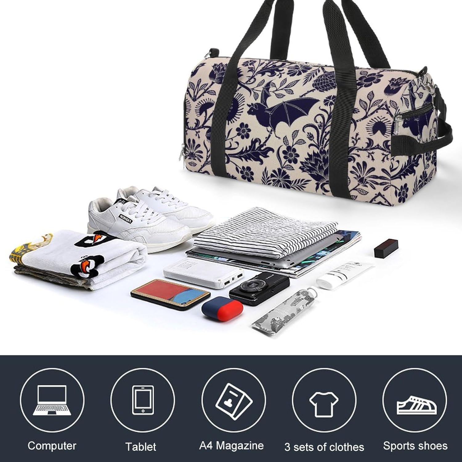 Bat Flower Sport Gym Duffle Travel Bag with Shoe Compartment,Wet Pocket for Men and Women