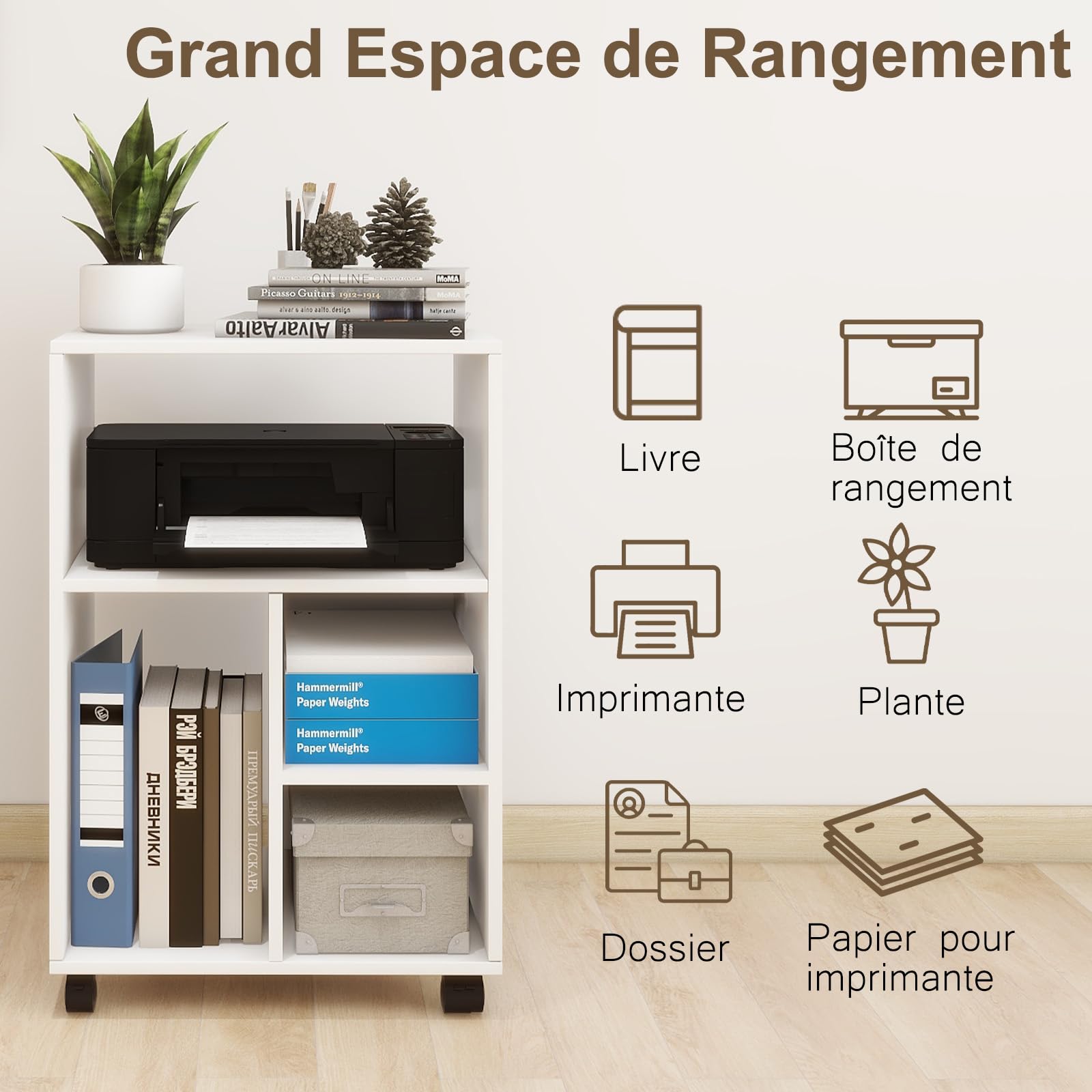 PUNCIA Meuble Imprimante avec Rangement 50x40x75 CM Caisson Bureau (Blanc) | en Bois Support Imprimante Roulettes Meuble Rangement Chariot de Doissier Doucument Chargé 55KG pour Bureau à Domicile