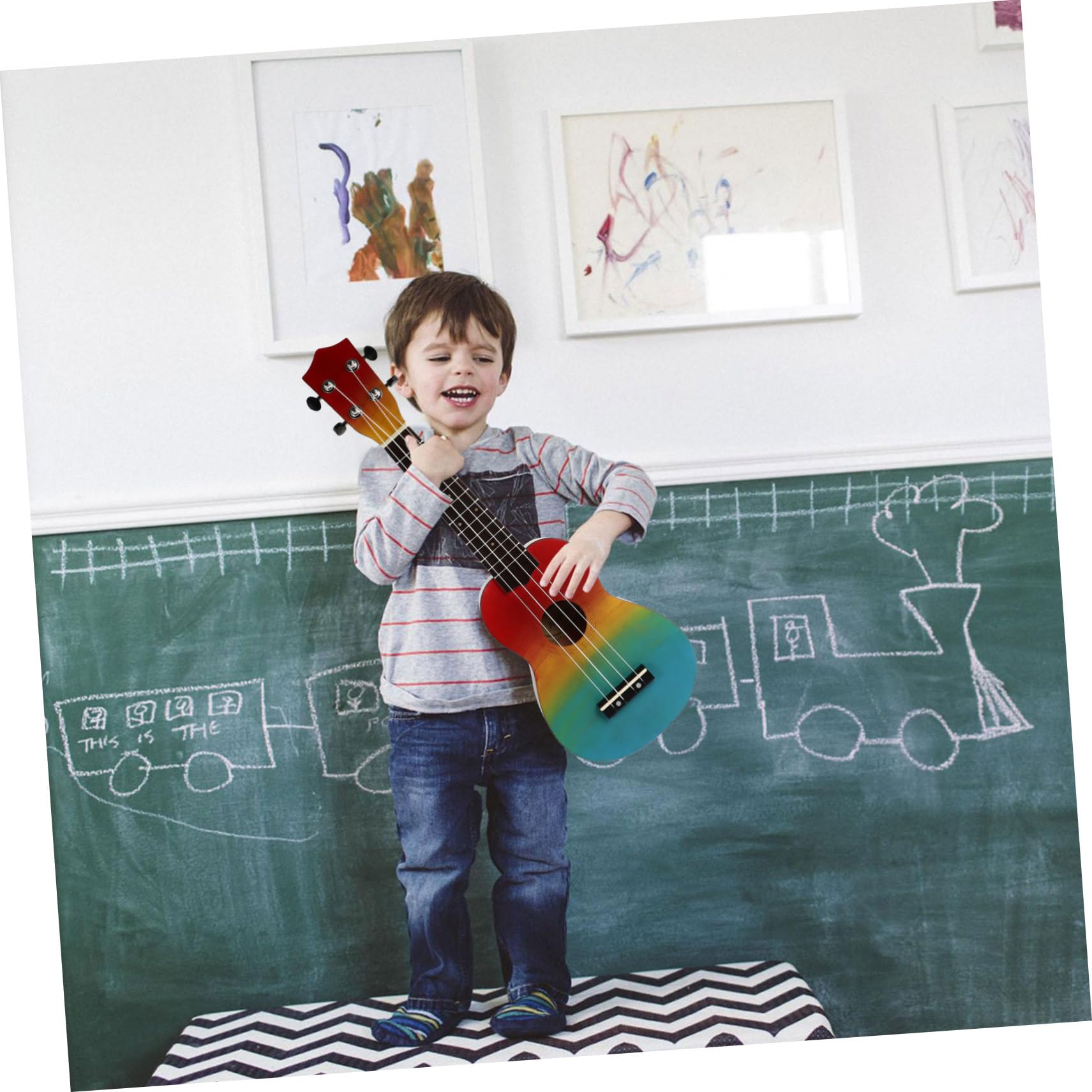 TOYANDONA Ukulele per Principianti Motivo Arcobaleno Disegnato Mano Strumento Acustico in Legno Sicuro e Ecologico
