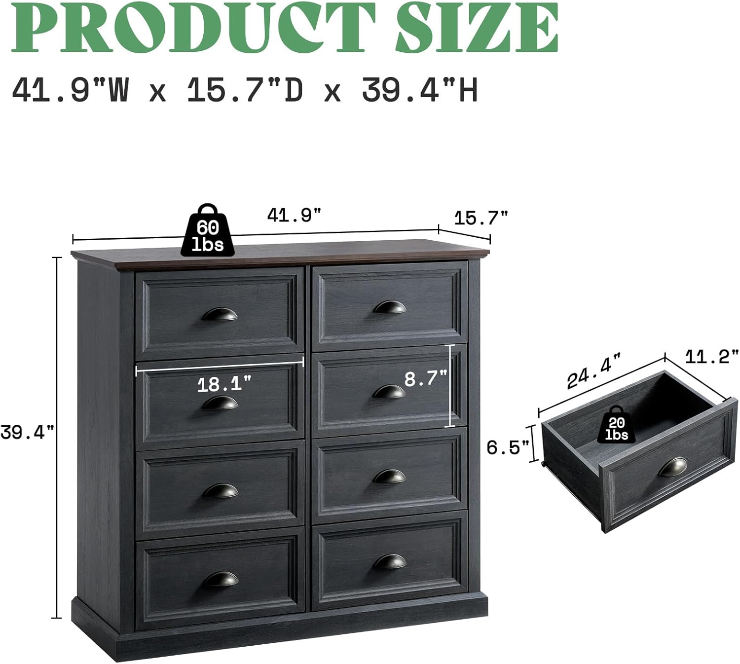 Product dimensions and weight capacities for the 8-drawer dresser